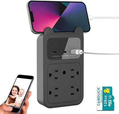 2026 Upgraded Hidden Camera - Outlet Camera - HD 2K Mini Wireless Nanny Cam Security Camera With Motion Detection - 120° Wide Angle for Discreet Home Indoor Security (Black+128G SD Card)