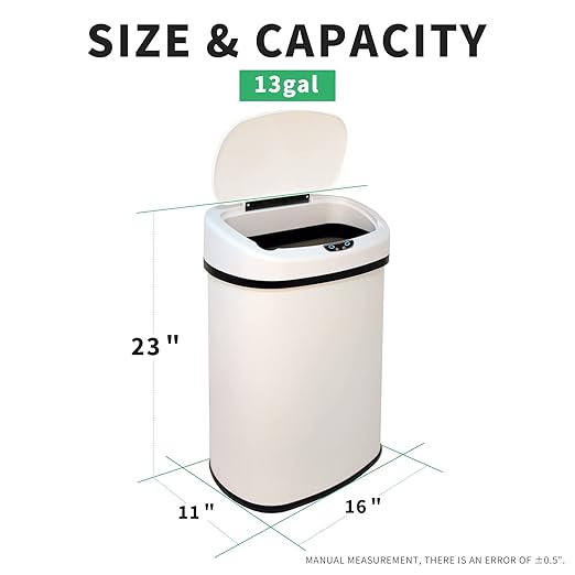 HCY Kitchen Trash Can 13 Gallon Automatic Metal Garbage Can Stainless Steel Waste Bin with Lid Smart for Kitchen,Office,Living Room,Bathroom(White), 16'(L)x11'(W)x25(H)'