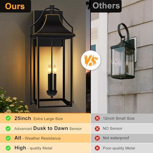 25IN Dusk to Dawn Outdoor Wall Light, 3-E12 Base Patio Light