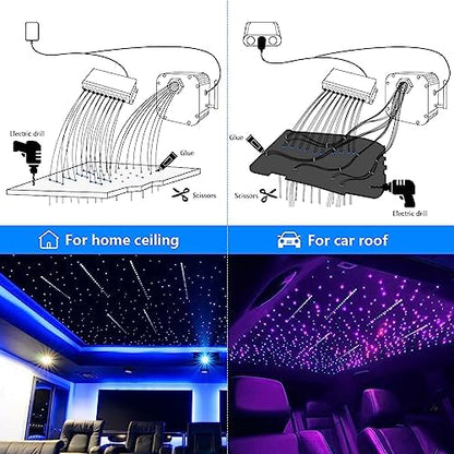 AMKI 32W Twinkle Mixed 800pcs 16.4ft Fiber Optic Starlight Headliner Kit with Shooting Star, Pure White Meteor Kits RGBW Sound Activated APP Remote Control for Car Home Roof Ceiling Decoration