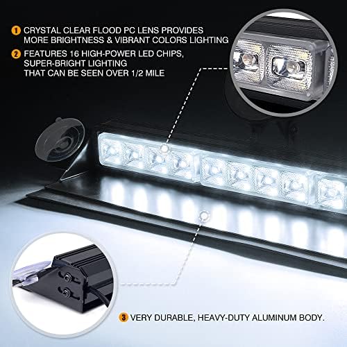Xprite 16 inch White Emergency Strobe Dash Lights, Interior Windshield Flashing Light w/Suction Cups for Construction Towing Snow Plow Pickup Work Trucks Cars (Aluminum Housing)