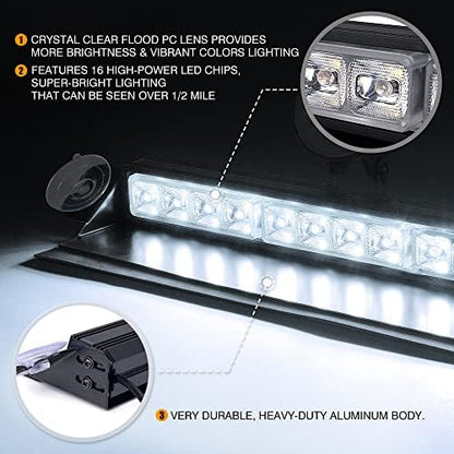 Xprite 16 inch White Emergency Strobe Dash Lights, Interior Windshield Flashing Light w/Suction Cups for Construction Towing Snow Plow Pickup Work Trucks Cars (Aluminum Housing)