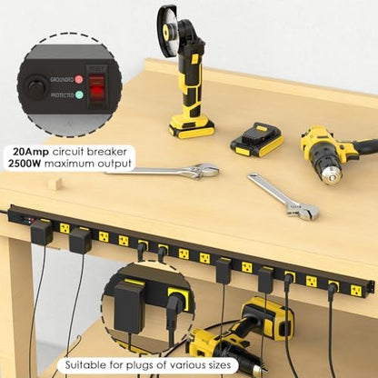 JUNNUJ Long Metal 16 Outlet Power Strip, Heavy Duty Power Strips Surge Protection 4800J with Circuit Breaker, 20a Wide Spaced Socket Wall Mount 5-15P Adapter High Amp 6-20R T-Slot 10FT Extension Cord