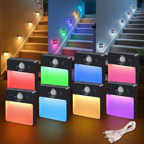 Guankai 8 Pack Motion Sensor Stair Light for Indoor, Rechargeable Battery Operated Night Lights, RGBW Stick On Closet Lamp, Motion Activated Magnetic Lighting Lamps for Step, Cabinet,Hallway,Bathroom
