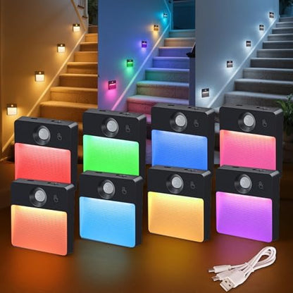 Guankai 8 Pack Motion Sensor Stair Light for Indoor, Rechargeable Battery Operated Night Lights, RGBW Stick On Closet Lamp, Motion Activated Magnetic Lighting Lamps for Step, Cabinet,Hallway,Bathroom