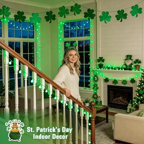 JMEXSUSS Connectable 100 LED Globe String Lights Indoor, 33ft 8 Modes Christmas String Light Plug in, Green Lights Outdoor for Room Bedroom Patio Deck Party St. Patrick's Day Decorations
