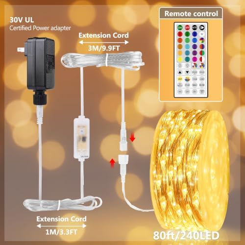 OMIKA Fairy Lights Plug in, 80FT 240 LED Fairy Lights with Remote, 150 Lighting Modes String Lights Indoor, RGB Colors+Warm White Fairy Lights for Bedroom Party Outdoor Decor