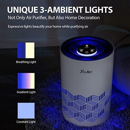 FreAire Air Purifiers for Bedroom, HEPA Air Purifier with RGB Lights Air Purifiers for Pets Dust Smoke Pollen Dander Smell, Portable Air Purifier with Air Filter For Home (White)