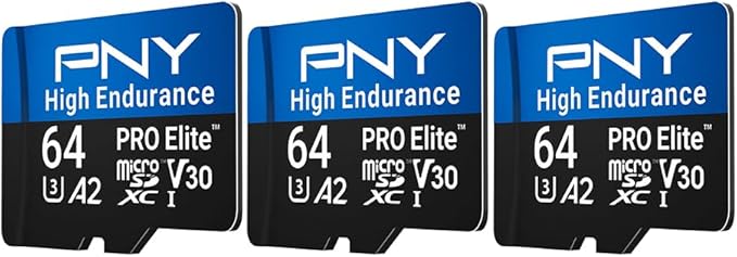 PNY 64GB PRO Elite™ High Endurance C10 U3 V30 A2 microSDXC – Up to 17.2K Continuous Recording Hours, Up to 100MB/s Read, 4K UHD, Full HD, UHS-I, Surveillance, Home Security, Dash Cam, 3-Pack