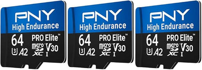 PNY 64GB PRO Elite™ High Endurance C10 U3 V30 A2 microSDXC – Up to 17.2K Continuous Recording Hours, Up to 100MB/s Read, 4K UHD, Full HD, UHS-I, Surveillance, Home Security, Dash Cam, 3-Pack