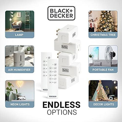 BLACK+DECKER Wireless Remote-Control Outlet, 5 Outlets, 2 Remotes