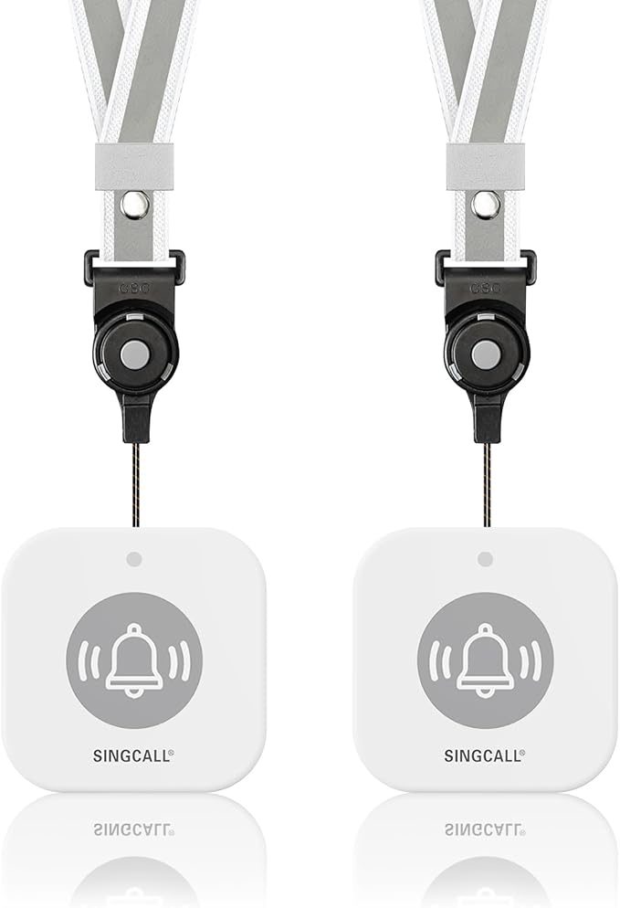 SINGCALL Wireless Portable Caregiver Pager Panic Alarm System Personal Alarm for Elderly/Kids/Pregnant/Patients Alert Call Button with Detachable Lanyard 2-Pack Emergency Call Buttons