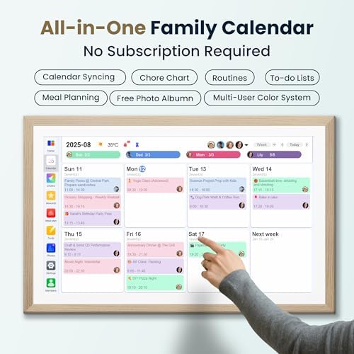 21.5-Inch Smart Digital Calendar & Photo Frame for Family, Wood Frame Large Wall Planner with Auto-Sync to Apple, Google & Outlook, Touchscreen Display with Chore Chart, To-Do Lists & Meal Planner, No Subscription