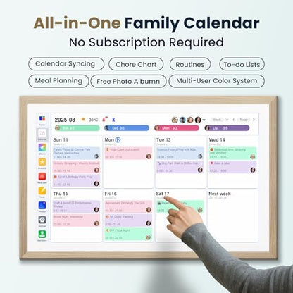 21.5-Inch Smart Digital Calendar & Photo Frame for Family, Wood Frame Large Wall Planner with Auto-Sync to Apple, Google & Outlook, Touchscreen Display with Chore Chart, To-Do Lists & Meal Planner, No Subscription