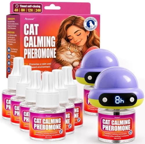 Petstoral Cat Calming Pheromone Diffuser 2 Diffusers & 6 Refills, Smart Cat Calming Diffuser with 4/8/12/24-Hour Timer, Daily Auto-On, Helps Reduce Anxiety, Spraying & Scratching