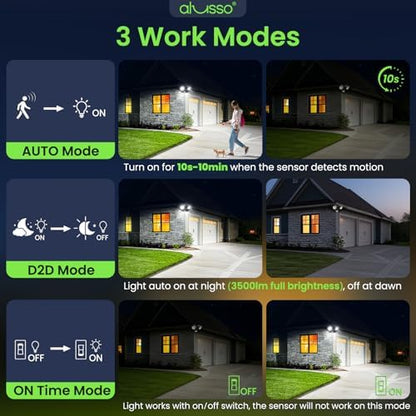 ALUSSO Motion Sensor Outdoor Lights, 30W 3500LM Flood Lights Outdoor 120V, 3 Modes (Dusk to Dawn/Auto/On Time), 3CCT 3000K/4000K/6500K Waterproof Hardwired Security Light ETL Listed for Porch, 2PCS