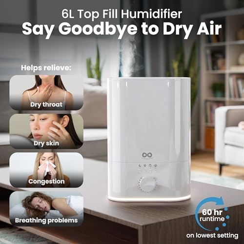 Everlasting Comfort 6L Humidifier Large Room, High Mist Output 60 HR Runtime Ultrasonic Top Fill Humidifiers for Bedroom, Easy to Use & Clean for Home, Baby Humidifier, Plants, Congestion, Indoor