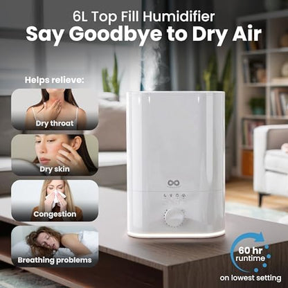 Everlasting Comfort 6L Humidifier Large Room, High Mist Output 60 HR Runtime Ultrasonic Top Fill Humidifiers for Bedroom, Easy to Use & Clean for Home, Baby Humidifier, Plants, Congestion, Indoor