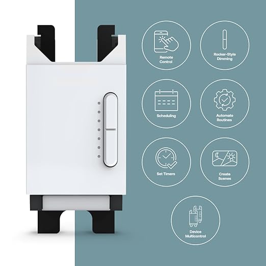 Smart Dimmer by Deako, Single-Pole, Rocker-Style Dimming, 2.4 GHz Wi-Fi, Remote App, Voice Control w/Alexa, Google Home, No Hub Required, Neutral Wire Required, White