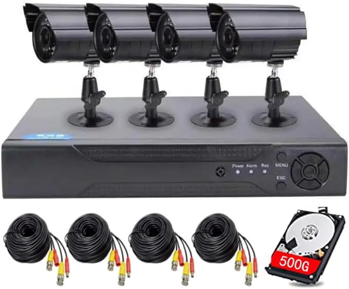 4CH DVR Wired CCTV Security System with 4pcs 1080P Metal Waterproof Surveillance Camera Infrared Night Vision Motion Detection for Indoor Outdoor 24/7 Recording (Include 500GB HDD) Remote Access