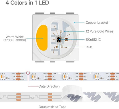 BTF-LIGHTING RGB+Warm White SK6812 LED Strip 16.4FT 150LED IP65 DC12V | RGBW Individually Addressable UL Listed 4 Colors in 1 Light (Similar WS2812B) White PCB(No Adapter or Controller)