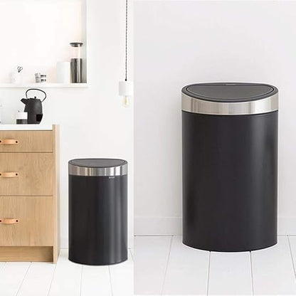 Brabantia Press-Top Kitchen Trash Can with Flat Back | Steel/Black | 10.6 Gallon / 40L | Home Trash Can with Soft-Touch Stay-Open Lid & Removable Inner Bucket | Fits Flat Against Walls | + Trash Bags