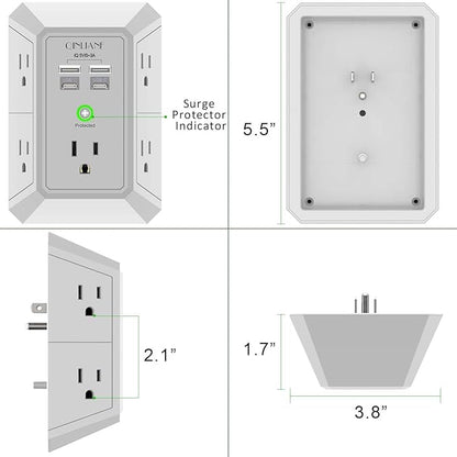 USB Wall Charger, Surge Protector, QINLIANF 5 Outlet Extender with 4 USB Charging Ports(2U2C) 3-Sided 1680J Power Strip Multi Plug Outlets Wall Adapter Spaced for Home Travel Office, Grey