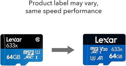 Lexar High-Performance 633x 64GB microSDXC UHS-I Card w/ SD Adapter, C10, U3, V30, A1, Full-HD & 4K Video, Up To 100MB/s Read, for Smartphones, Tablets, and Action Cameras (LSDMI64GBBNL633A)