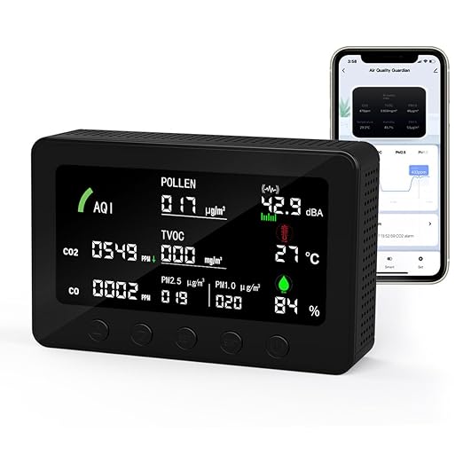10 in 1 Air Quality Monitor Indoor,with APP 7" Display,Detectors for CO2，Pollen,Noise,Decibel Meter,TVOC,PM1.0,PM2.5,AQI,Temp and Humid,Air Quality Meters for Home,Office (Black)