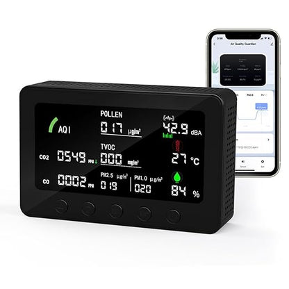 10 in 1 Air Quality Monitor Indoor,with APP 7" Display,Detectors for CO2，Pollen,Noise,Decibel Meter,TVOC,PM1.0,PM2.5,AQI,Temp and Humid,Air Quality Meters for Home,Office (Black)