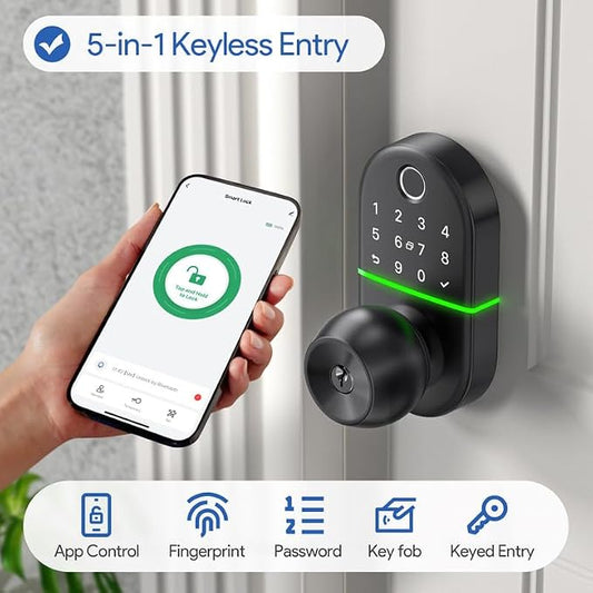 Keypad Smart Door Lock with Knob, 7 in 1 Keyless Entry with Fingerprint