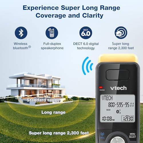 VTech IS8128-51 Super Long Range 5-Handset DECT 6.0 Cordless Phone for Home with Answering Machine, 2300 ft Range, Call Blocking, Bluetooth Connect to Cell, Intercom