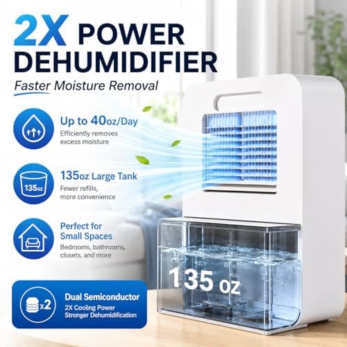 Frizzlife DH80 Dehumidifier with 135oz Water Tank, Small Dehumidifiers With Auto Shut Off For Bedroom, Bathroom, Home, Low-Noise Quiet Sleep Mode with Timer, 7 Colors Light, White