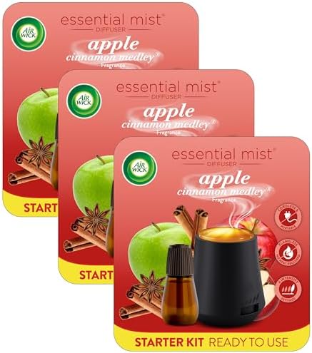 Air Wick Essential Mist Starter Kit (Diffuser + Refill), Apple Cinnamon, Fall Scent, Fall Spray, Essential Oils Diffuser, Air Freshener (Pack of 3)