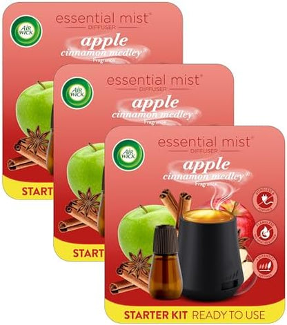 Air Wick Essential Mist Starter Kit (Diffuser + Refill), Apple Cinnamon, Fall Scent, Fall Spray, Essential Oils Diffuser, Air Freshener (Pack of 3)