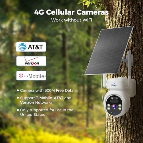 Hiseeu 4G LTE Cellular Security Camera Solar Powered, No WiFi Security Camera Wireless Outdoor, 24/7, PIR Motion, 2 Way Talk, 360° PT, 2K Color Night Vision, 64G SD & SIM Card Included