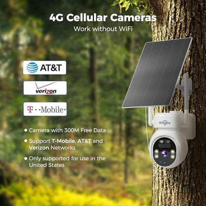 Hiseeu 4G LTE Cellular Security Camera Solar Powered, No WiFi Security Camera Wireless Outdoor, 24/7, PIR Motion, 2 Way Talk, 360° PT, 2K Color Night Vision, 64G SD & SIM Card Included