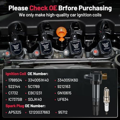 BDFHYK Ignition Coil Pack UF634 and Iridium Spark Plugs AP5325 Compatible with Suzuki 2009-2013 Grand Vitara 2010-2013 Kizashi 2010-2013 SX4 2.0L 2.4L L4 C1732 GN10615 IC737SB,Set of 4