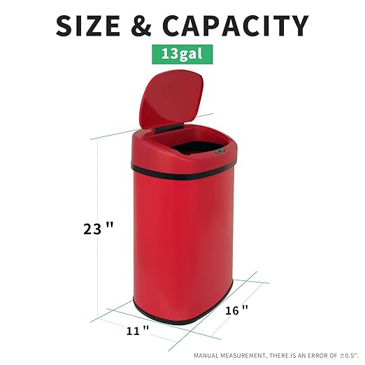 HCY Kitchen Trash Can 13 Gallon Automatic Metal Garbage Can Stainless Steel Waste Bin with Lid Smart for Kitchen,Office,Living Room,Bathroom(Red)