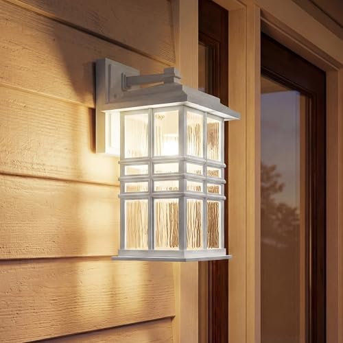 Kichler Beacon Square 12" Outdoor Wall Light in White, 1-Light Exterior Wall Sconce with Clear Hammered Glass, (12" H x 6.5" W), 49829WH