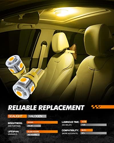 SEALIGHT 194 LED Bulbs, 168 T10 LED Bulb Amber 2700k Yellow 2825 for Turn Signal Side Marker Dome Lights, 12V Cab Running Parking Tail Lights, (Pack of 10)