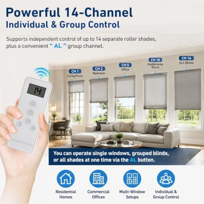 14 Channel RF Remote Control for Roller Shades – Compatible with ERB25/EY2512 Motorized Blinds Systems, Individual & Group Control, Replace Lost or Broken Remote for RF Tubular Motors (Not Universal)