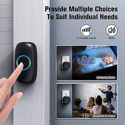 SECRUI Wireless Doorbell with 3Receivers 2 Push Buttons, Easy installation, Adjustable Volume, 58 Chimes, Colorful LED, 1000Ft Range, M520+F55, Black