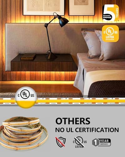 EMITEVER 24V COB LED Strip Lights 3000K,32.8ft 4800LEDs,UL Listed