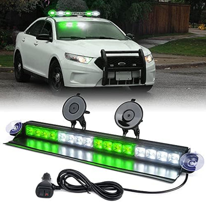 Xprite 16 inch White Green Emergency Strobe Dash Lights, Interior Windshield Flashing Light w/Suction Cups for Construction Towing Snow Plow Pickup Work Trucks Cars (Aluminum Housing)
