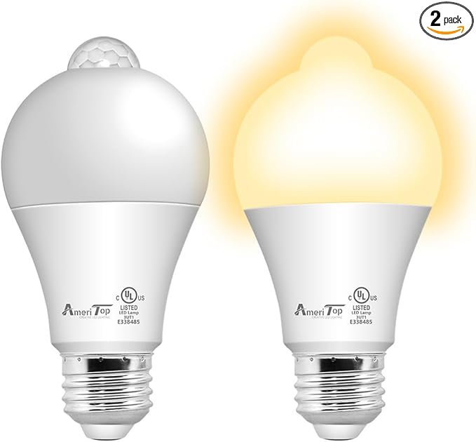 AmeriTop Motion Sensor Light Bulb- 2 Pack, 10W(60W Equivalent) 806lm Motion Activated Dusk to Dawn Security LED Bulb; UL Listed, A19, E26, Auto On/Off Indoor Outdoor Lighting (2700K Soft White)