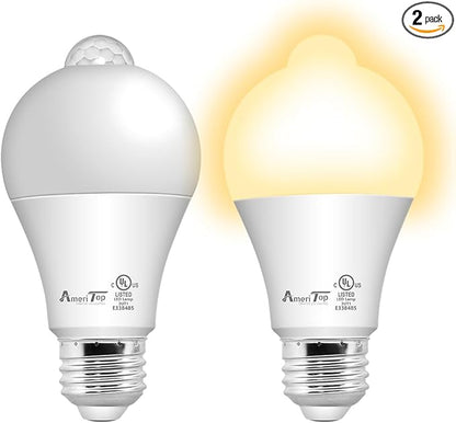 AmeriTop Motion Sensor Light Bulb- 2 Pack, 10W(60W Equivalent) 806lm Motion Activated Dusk to Dawn Security LED Bulb; UL Listed, A19, E26, Auto On/Off Indoor Outdoor Lighting (2700K Soft White)