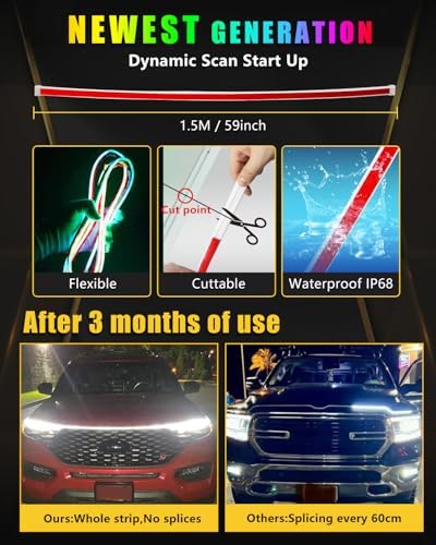YM E-Bright LED Hood Light Strip, 59in RGB App Control Dynamic Scan DRL 12V