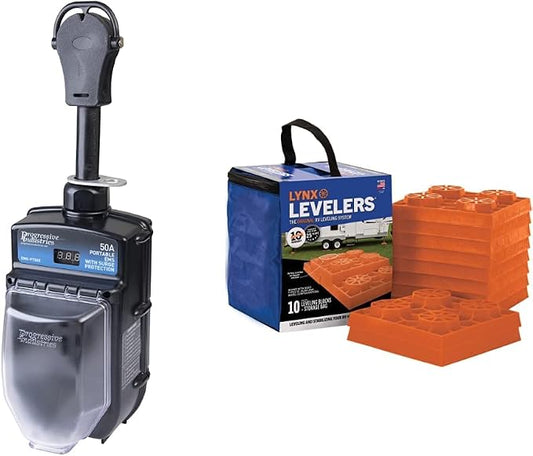 PROGRESSIVE INDUSTRIES RV Surge Protector 50 Amp with Electrical Management System, Portable, EMS-PT50X & Tri-Lynx 00015 Lynx Levelers - 10 Pack, Orange