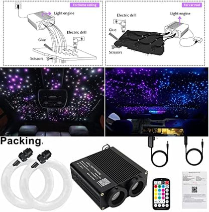 AZIMOM Dual Color 32W 1100pcs Sound-Activated Fiber Optic Starlight Headliner Kits 0.03in 13.1ft Fiber Strands APP/Bluetooth Remote Control Music Sensory Star Ceiling Home Car Roof Decor